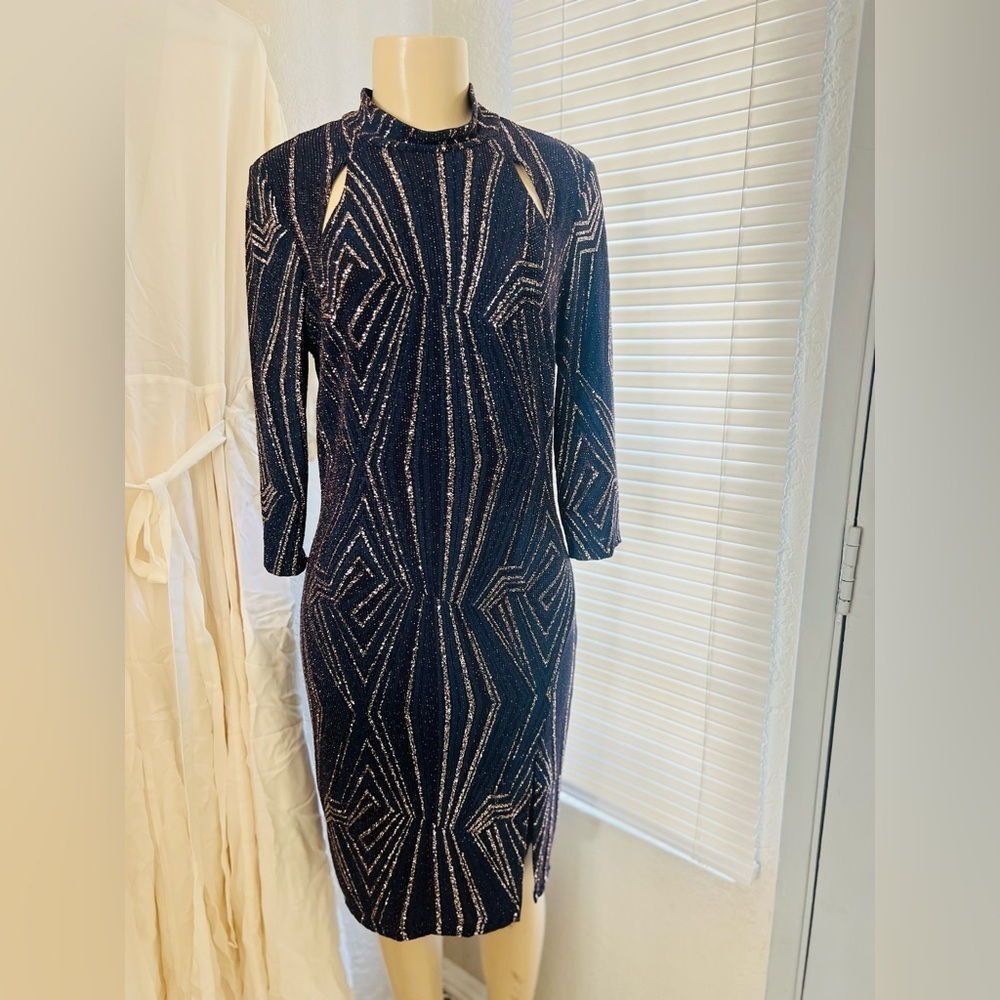 En Focus Studio size 10 embellished blue and gold metallic formal dress.